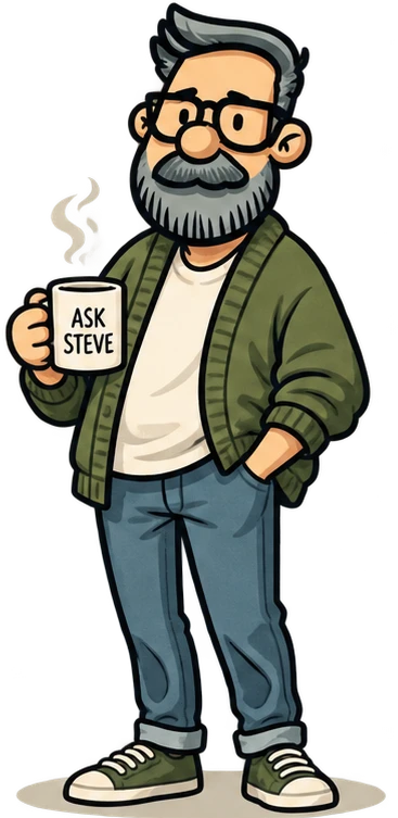 Steve, a scruffy gray-bearded guy with black glasses, an olive cardigan, jeans, sneakers and a coffee mug